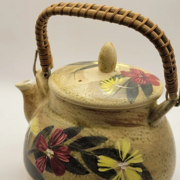 Nasco Teapot Japan Fine Stoneware Hand Painted Flowers Bamboo Wrapped Handle - Picture 6 of 13